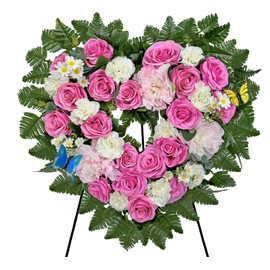 MUVIC Cemetery Flower Wreaths for Grave Decorations- Elegant Remembrance Standing Heart,Memorial Floral with Easel Stand,Pink Hibiscus Rose Carnation Daisy-27 Inch