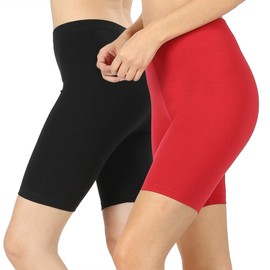Womens & Plus Soft Cotton Stretch Knee Length Leggings Fitness Sport Biker Shorts, (2PK:Black/RED, 1X)