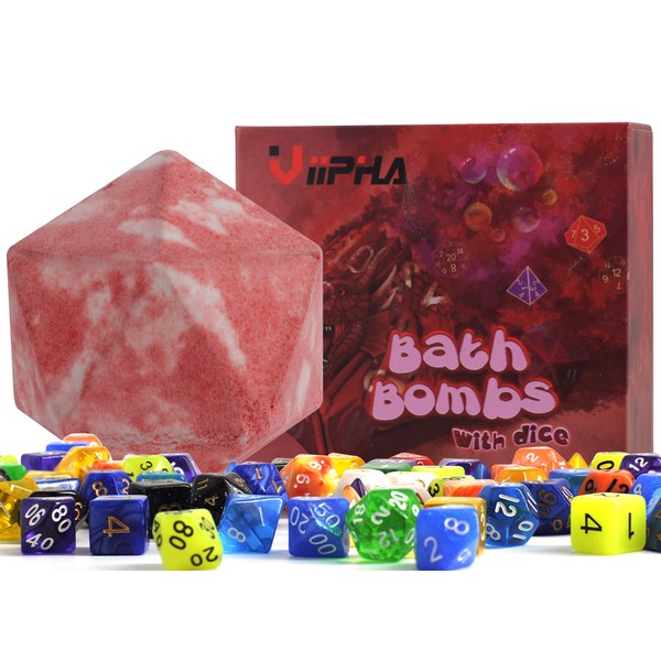 Huge D20 Bath Bombs with Full Surprise Set of Polyhedral Dice Inside, D&D Inspired Dragon Blood Bath Bomb 11oz with Gift Box - Perfect for Dungeon Master, Player and Tabletop RPG Nerd