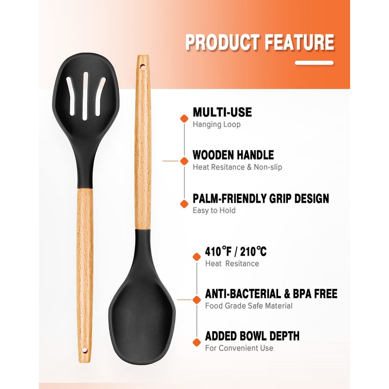 Large Silicone Cooking Spoons, 2 Pack Nonstick Solid and Slotted