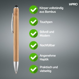 WPRO Bamboo Set of 10 Touch Pens Ballpoint Pens Made of Bamboo Green - Sustainable, Blue Ink Pens with Replaceable Refill and Touch Function for Smartphones