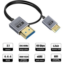 Kework 1ft Mini HDMI to HDMI 8K@60Hz UHD Cable, OD 2.5mm Ultra Thin HDMI 2.1 Cord, 48Gbps Straight Male Mini HDMI to Straight Male HDMI Cable