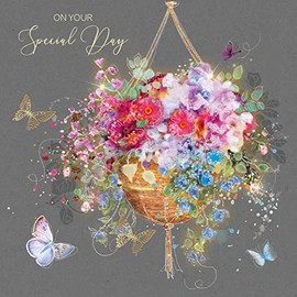 Cherry Orchard Female Special Day Birthday Card - Flowers Hanging Basket Butterflies