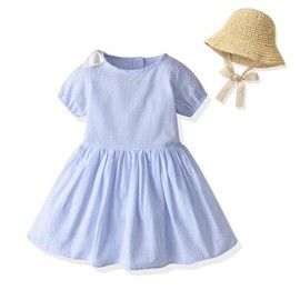 Toddler Girls Summer One-Piece Dress Baby Sundress with Straw Hat Princess Long Skirt Playwear Beachwear Dress Clothes Gift (18-24 Months, Stripes-Blue)