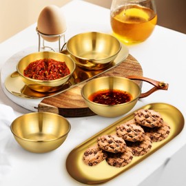 Golden Stainless Steel Sauce Dip Bowls Set of 6 with 2 Oval Decorative Trays Small Soy Sauce Dishes for Sushi Snacks Appetizers and Dipping Bowl 3.54 X 2.36 X 1.18 Inches