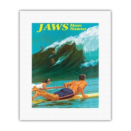 Jaws - Maui, Hawaii - Big Wave Surfing - Vintage Hawaiian Travel Poster by Chas Allen c.1950s - Fine Art Rolled Canvas Print 11in x 14in