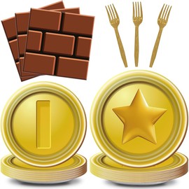 80Pcs Super Bros Birthday Tableware Kit for 20 Guests - Gold Super Bros Theme Party Supplies Pack Includes Plates, Napkins, Forks