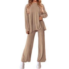 PRETTYGARDEN Womens 2025 Casual Lounge Sets Long Sleeve Tops Wide Leg Long Pants Fall Crewneck 2 Piece Outfits Tracksuits(Khaki,Medium)