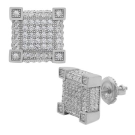 Mens & Woman's Real Solid 925 Silver Iced Diamond Hip Hop Earrings Studs Screw Back Cube