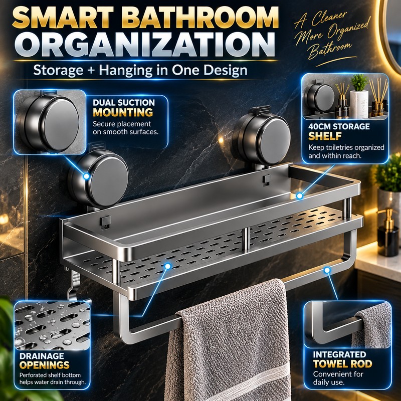Suction Cup Bathroom Shelf for Shower Storage – 40cm Gray