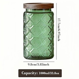 ANSQU Vintage Glass Storage Container, Green Glass Jar with Solid Wood Lid, 34 FL OZ Decorative Jar for Kitchen Storage Cabinets for Coffee, Jam, Nuts, Candy, Cookie, Pet Foods (Green Begonia)