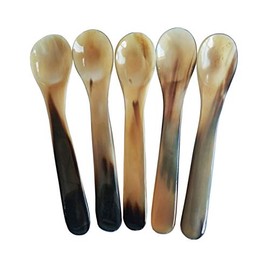 DUEBEL Set of 5 Naturally Handcrafted Buffalo Horn Spoons, 5.6" x 1.1" Dinner Ware Serving Spoon (Light Color)