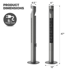 mollie Oscillating Quiet Tower Fan with Remote Control 3 Speeds 12H Timer Portable LED Display 47 Inch Electric Air Circulator Cooling Floor Standing Fan for Home Bedroom Office Living Room Gray
