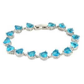 RIZILIA HEARTS Tennis Bracelet & Heart Cut CZ [Simulated Aquamarine] in White Gold Plated, 7"