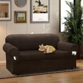 Pfrstuv Sofa Slipcover with Armrest Pockets 3-Piece Set, Stretch Faux Leather Couch Cover for 2-Cushion Couches(Fits 72-92") - Non-Slip, Machine Washable, Pet & Kid Friendly - Brown