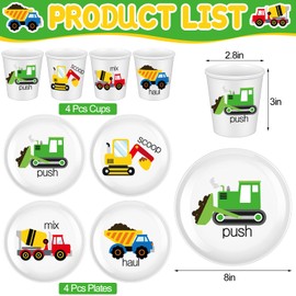 Yiyiring 4 Sets Construction Truck Fun Kids Plates with Cups Melamine Plates Dinnerware Set for Toddlers Creatively Drop Resistant Cute Plastic Dishes Dishwasher Safe