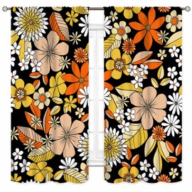 Cortinas retro de los años 70, cortinas florales para ventana, diseño de flores naranjas, estéticas, bohemias, trippy, opacas, para recámara, sala de estar, cocina, 2 paneles, 42 x 45 pulgadas