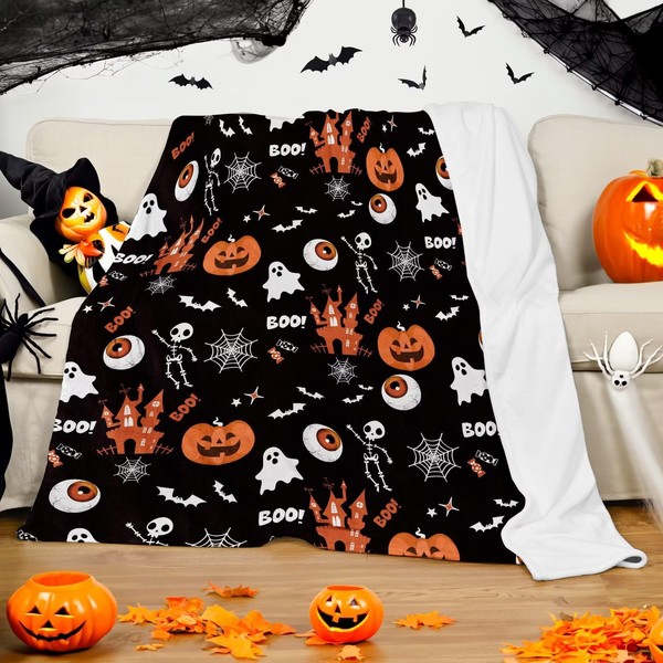 Halloween Cuddly Blanket Throw, Halloween Blanket Printed with Pumpkin Castle Eyeball Ghosts Bats for Children, Flannel Black Orange Halloween Blanket for Sofa, 130 x 150 cm