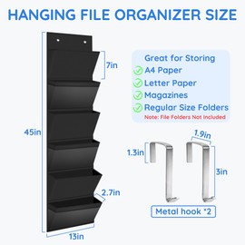 ZKOO Over the Door File Organizer, Hanging Mount File Folders Organizer, Wall File Organizer for School Organizers, Mail Filing, Magazine, Dorm Room, Office, 6 Extra Large Pockets and 2 Hook (Black)