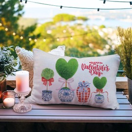 AOFANGGO Valentines Day Pillow Cover 12X20 Inch Chinoiserie Pot Green Heart Red Bow Tree Love Decor Holiday Farmhouse Pillow Case Gifts Decoration for Home Sofa Couch