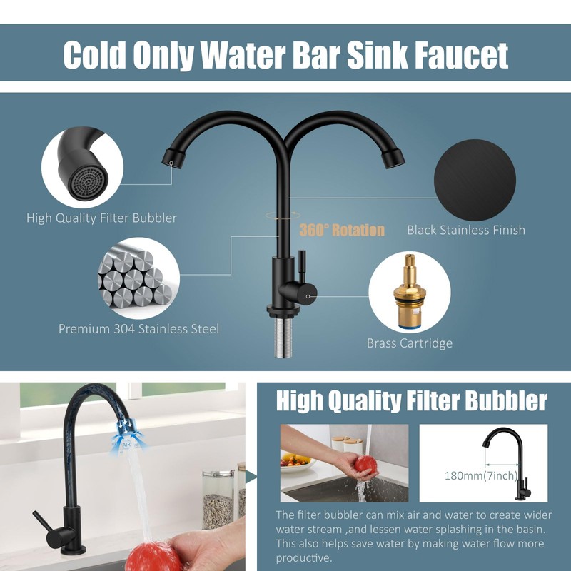 Aolemi Cold Water Only Kitchen Faucet Black 304 Stainless Steel
