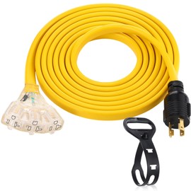 Tellegloww RV Generator Flat Extension Cord Compatible with NEMA L5-30P to 3X 5-20R/5-15R, 30A 3Prong Lock Generator to 110V 15/20A Household Outlet Distribution Adapter, 10 Gauge, ETL Listed(15ft)