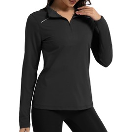 GEMYSE Women's 1/4 Zip Pullover Shirts Long Sleeve Workout Tops Quick Dry Casual Rash Guard Shirts(Black,X-Large)