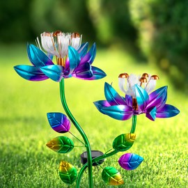 55'' Solar Powered Kinetic Wind Spinner Sculpture Blue Lotus Metal Stake Spinner for Patio, Lawn and Garden Decor Weather-Resistant Outdoor Art with Dual Lotus Design