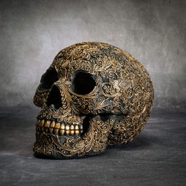 SUMMIT COLLECTION Black Carved Ceremonial Skull with Gothic Motif Design Skull Figurine Collectible 6.75 inch L