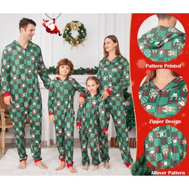 ANGELGGH Family Matching Christmas Onesie Pajamas, Vacation Cute Printed One Piece Pajamas, Xmas Hooded Holiday Sleepwear (Youth, 2-3T, Green Plaid Santa)