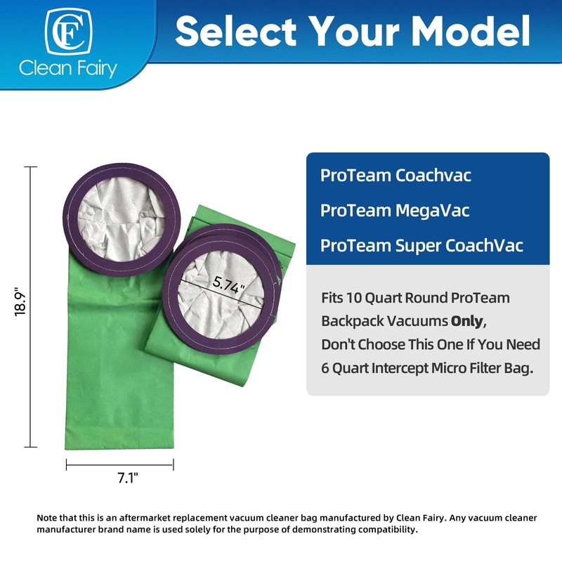 CF Clean Fairy 10pack Vacuum Bags Compatible with ProTeam Coachvac