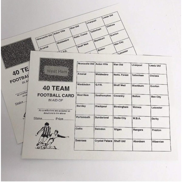 Crystals 100 x 40 Team football scratch cards UK team names