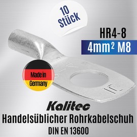 Pack of 10 Kalitec HR4-8 Standard Tube Cable Lugs 4 mm² M8 I without Viewing Hole I Made in Germany