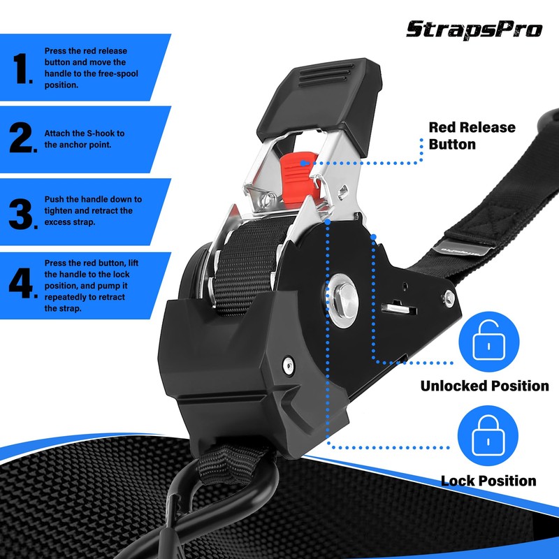 Retractable Ratchet Straps, 1763lb Break Strength Self Retracting Ratchet Straps