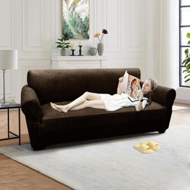 Pfrstuv Loveseat Sofa Slipcover Leather Look Couch Covers for 2 Seater Couch Sofa 1-Piece Sofa Cover Stretch Furniture Protector with Elastic Bottom & Pockets(Loveseat, Coffee)