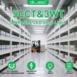 ALUSSO® 5CCT LED Shop Lights for Workshop 4FT, 20W 30W 40W 2700K 3000K 4000K 5000K 6500K Selectable, Linkable Linear Work Light for Garage, Basement, 2 Pack