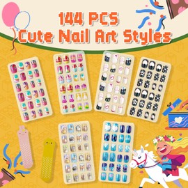 144 Pcs Kids Press on Nails Fake Nails Artificial Nail Tips Children Girls Pre Glue Full Cover Short False Fingernails for Girls Kids Nail Art Decoration (Butterfly)