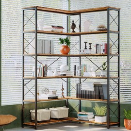 IRONCK 6-Shelf Corner Bookcase, Vintage Industrial Corner Bookshelf Etagere Bookcase, 6 Tiers Corner Shelf Storage Rack with Metal Frame for Living Room Home Office
