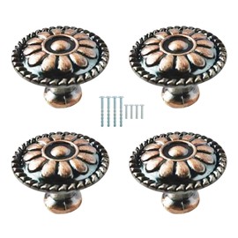 Eledabra Kitchen Cabinet Hardware Antique Copper Drawer Knobs - Single Hole Retro Bar Handles Ancient Red Bronze Vintage Pull for Closet Wardrobe Dresser Cupboard 4 PCS