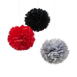 WEVEN Tissue Pom Poms Tissue Paper Flowers Tissue Fluff Balls Party Decorations 12-Inch Pack of 12 (Red, Black, Silver)