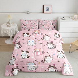 Feelyou Toddler Cat Comforter Set for Kids Boys Girls Cats Print Comforter Full Size Kawaii Cartoon Bedding Set Room Decor Cute Kitten Duvet Set Pink Animal Themed Quilt Set 3Pcs