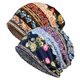 Qunson 2 Pack Women's Printed Baggy Slouchy Beanie Chemo Hat Cap