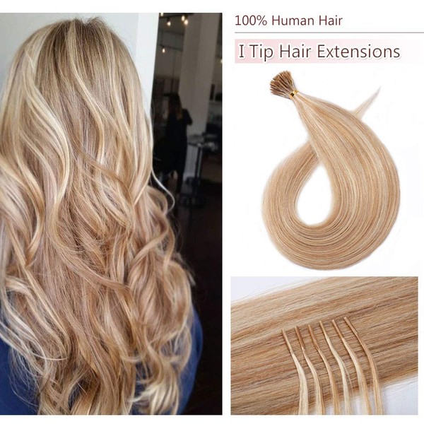 18 Inches I Tip Human Hair Extensions 100 Strands/Pack Pre Bonded Keratin Stick Tipped Hair Extensions Cold Fusion Hairpiece Long Straight For Women #18P613 Ash Blonde&Bleach Blonde 18'' 50g