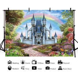 MEHOFOND 10x7ft Soft Fabric Fairy Tale Princess Castle Photography Backdrop Blue Sky White Cloud Rainbow Background Wonderland Landscapes Decoration Birthday Party Wedding Baby Shower Photo Props
