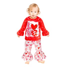 DAKEIK Toddler Valentines Day Outfit Girl 4t-5t Valentines Day Outfit girl Love Letter Print Red Long Sleeve Top Love Pattern Bell Pants 2 Piece Valentines Day Set, Red+heart