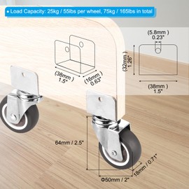 PATIKIL 2" Swivel Caster Wheels with 5/8" U Bracket, 4 Set Mute Moving Swivel Wheel Total Load 165lbs for Cabinet Furniture Table(2 with Brake, 2 Without)
