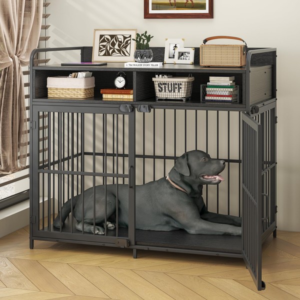 Saudism Dog Crate for Large Dogs, Black Furniture Dog Crate, Large Dog Kennel Indoor, Heavy Duty Wood Dog Cage Table with Drawers Storage, Sturdy Metal, Inner Size: 39.4" L x 22.5" W x 23.3" H