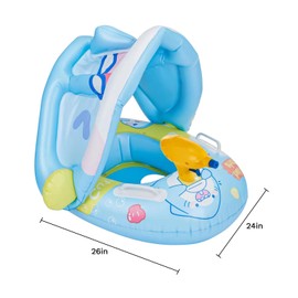 AFPYC Flotador de Piscina para Niño, Lindo para Piscina, con Toldo Extraíble, Soporte Inferior Seguro, Viene con Pistola de Agua, Juguetes de Fiesta de Natación en la Playa（Tiburón Azul）