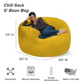 Chill Sack Bean Bag Chair - 5' Giant Memory Foam Lounge Chair with Soft Microfiber Cover – Cozy Furniture for Living Room, Dorm, & Kids' Rooms – Comfortable 5 Ft, Microsuede Lounge Sofa, Lemon
