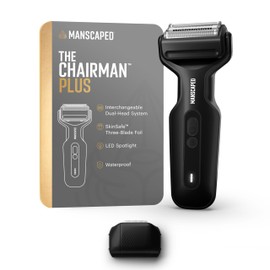 MANSCAPED® The Chairman™ Plus Men’s Electric Foil Face Shaver - Two Interchangeable Blade Heads, SkinSafe® Three-Blade Foil & Precision Sideburn & Jawline Trimmer, USB-C Charging, Gentle on Neck Area